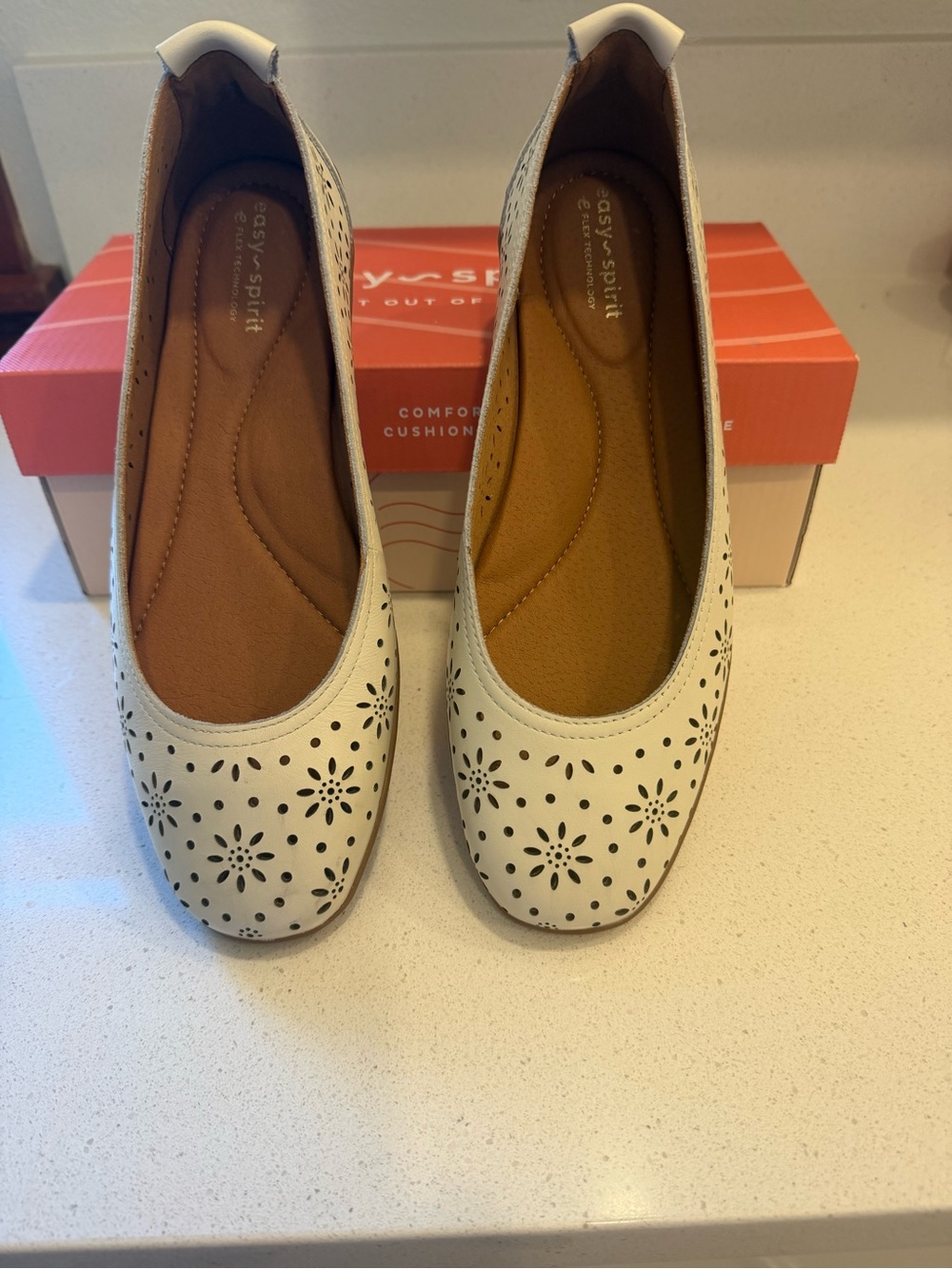 Easy Spirit White Floral Laser-Cut Slip-On Flats